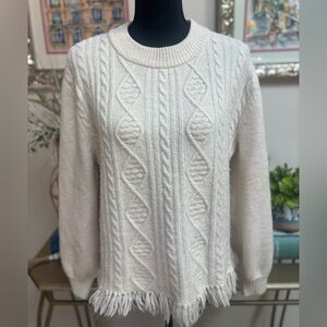 FARMERS MARKET FISHERMAN CABLE KNIT WINTER WHITE CREWNECK FRINGE SWEATER SIZE M